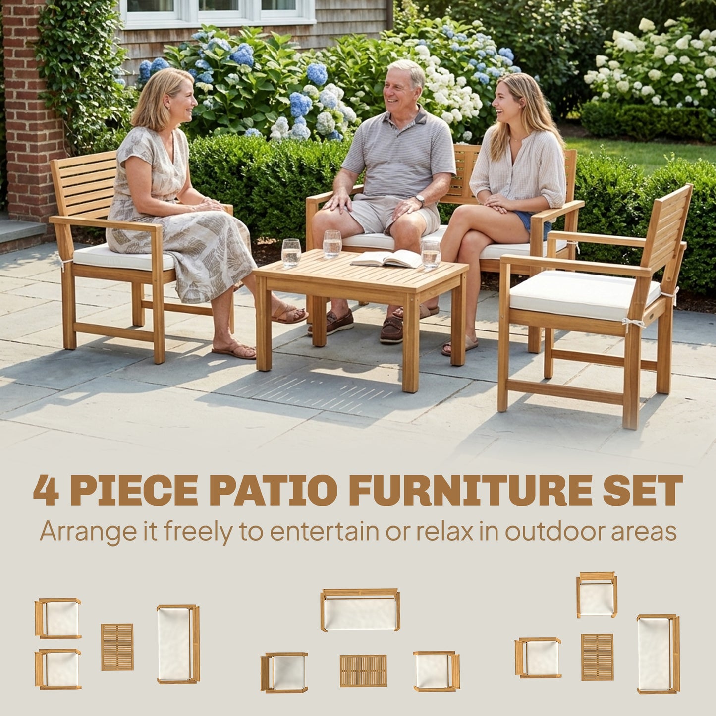 4-Piece Acacia Wood Garden Sofa Set | Loveseat, 2 Armchairs & Table | Cream White Cushions