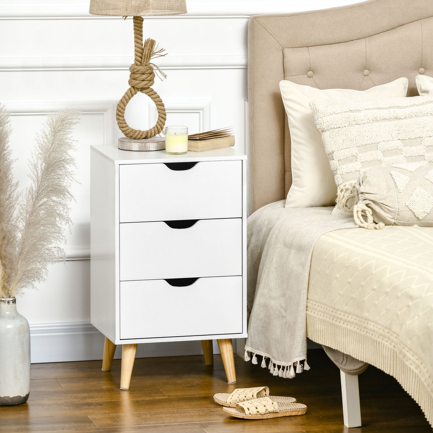 Set of 2 Bedside Tables | 3 Drawer Nightstand | Pine Legs | White