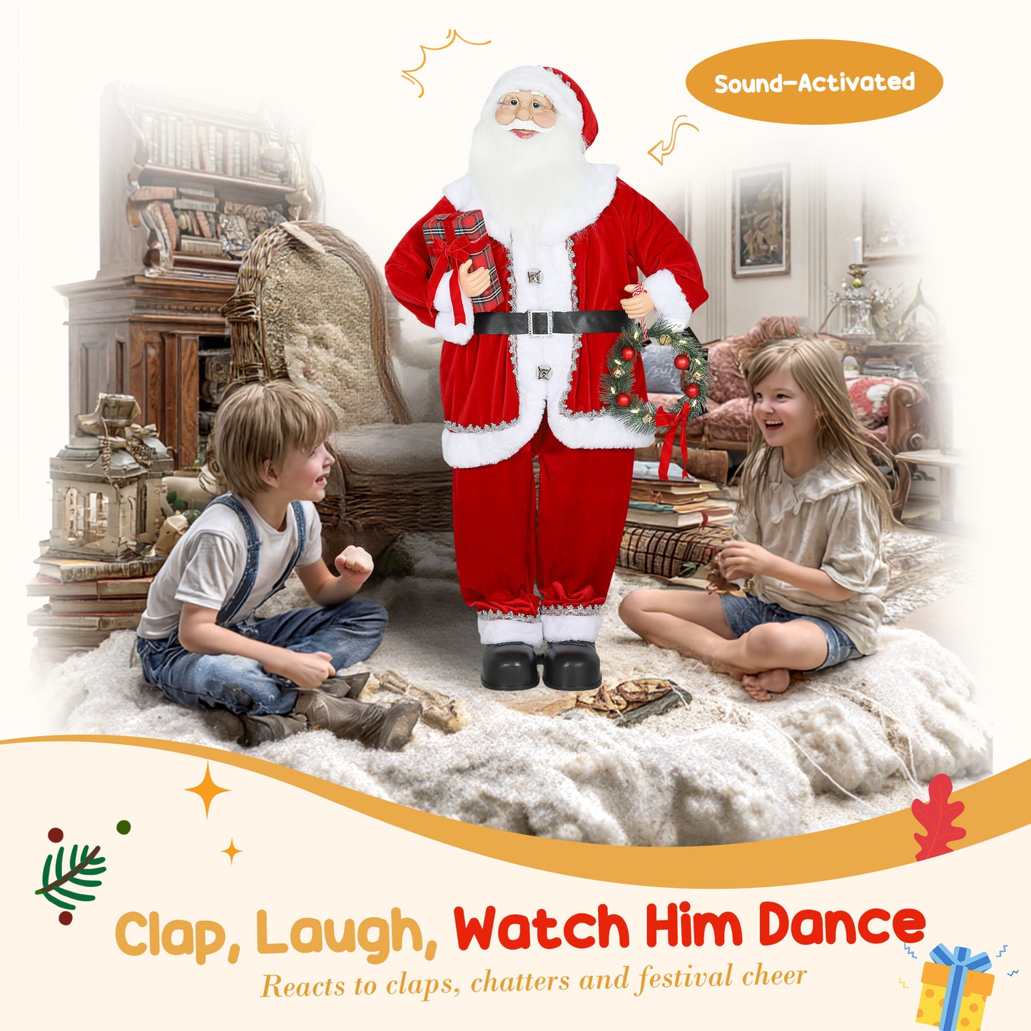 Singing and Dancing Santa Claus with Gift and Wreath