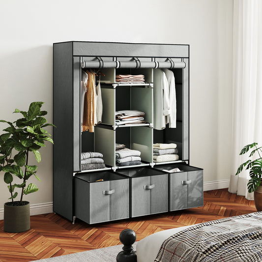 Fabric Wardrobe for Bedroom, Portable Wardrobe with 5 Shelves, 2 Hanging Rails and 3 Fabric Drawers, Foldable Closet
