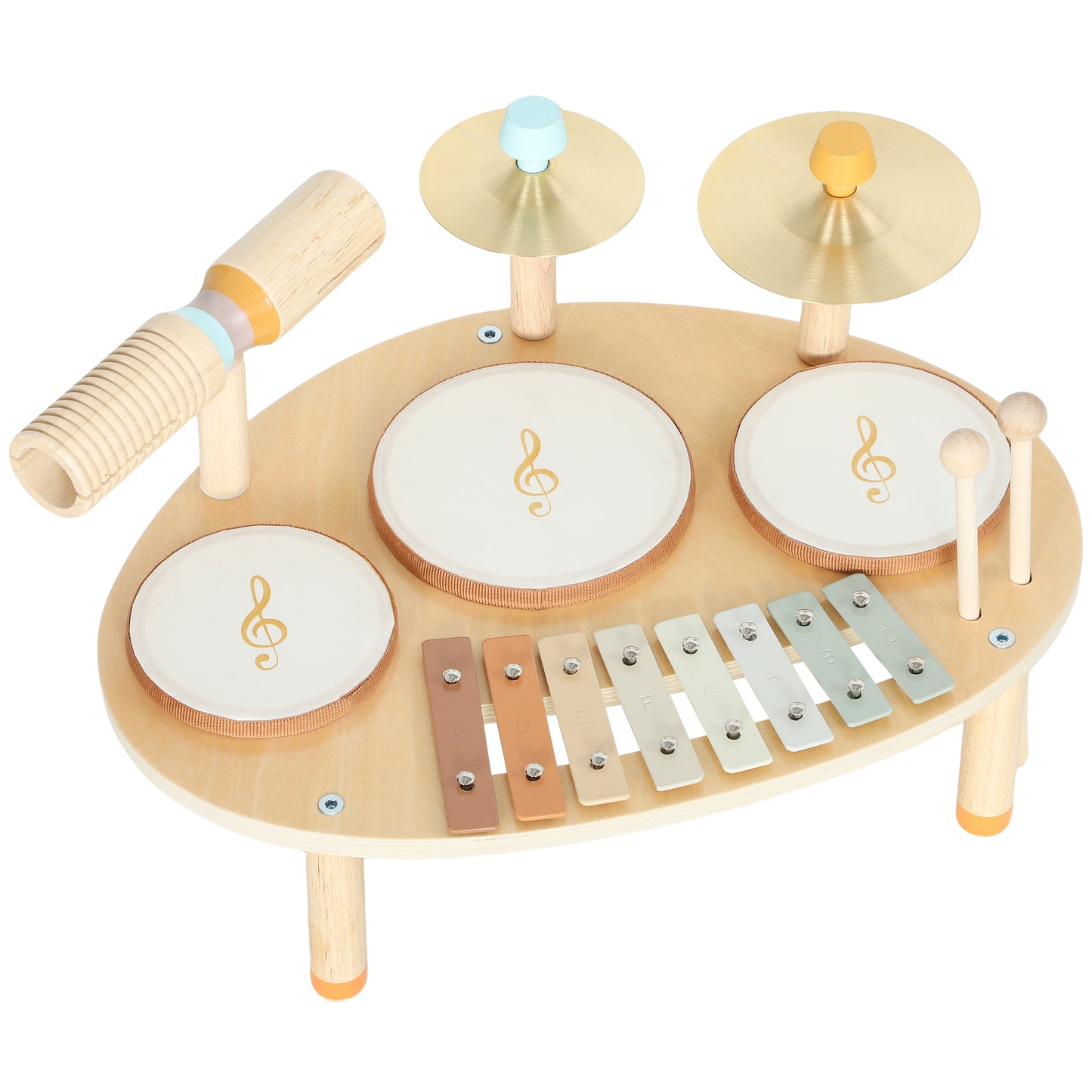 Baby Drum Kit – 4-in-1 Wooden Musical Instruments, 3 Drums, 8-Note Xylophone, Cymbals & Dual-Tone Block, EN71 Tested, Gift-Ready, Ages 2+