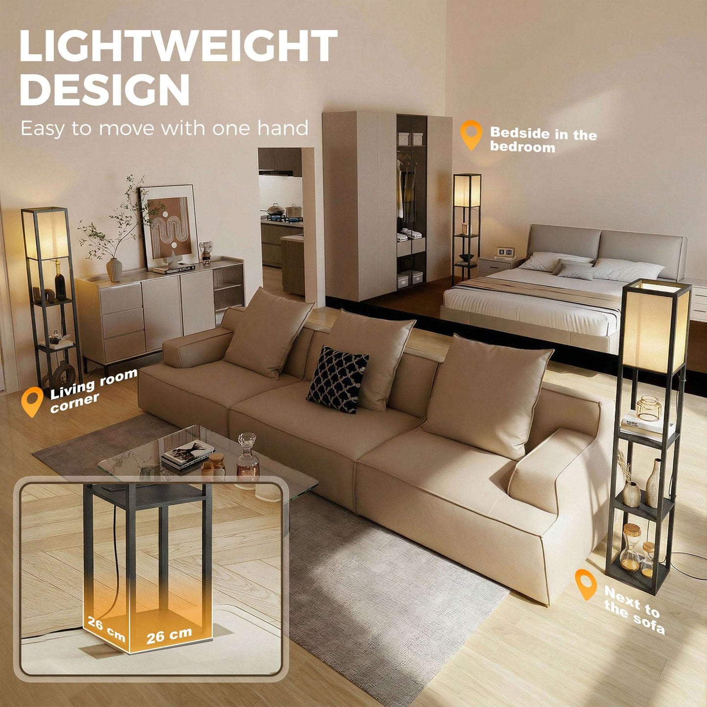 Floor Lamp with 3 Shelves | Column Design | MDF | E27 LED Included | Foot Switch | 160cm | 2.5kg per Tier | Black