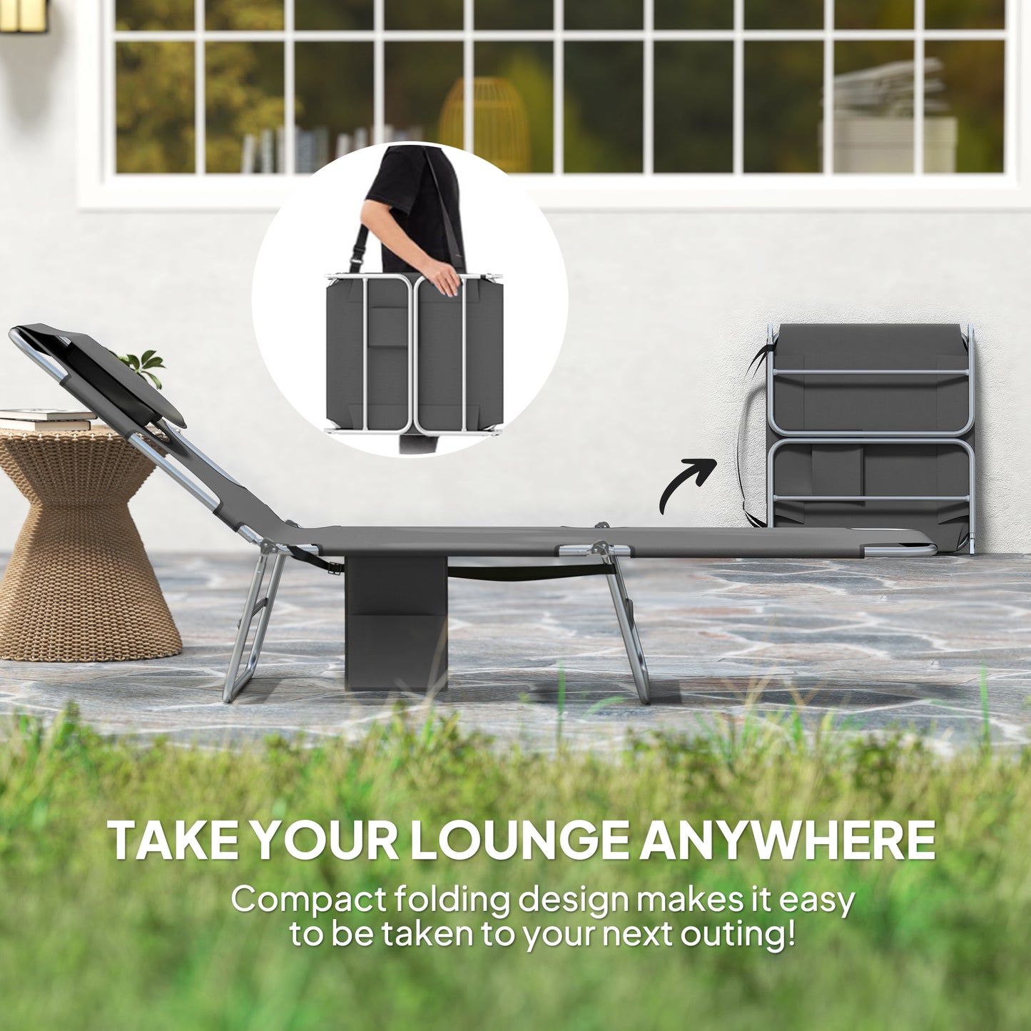 Foldable Sun Lounger Set of 2, Beach Chaise Lounge with Reading Hole, Arm Slots, 5-Position Adjustable Backrest, Side Pocket, Pillow for Garden