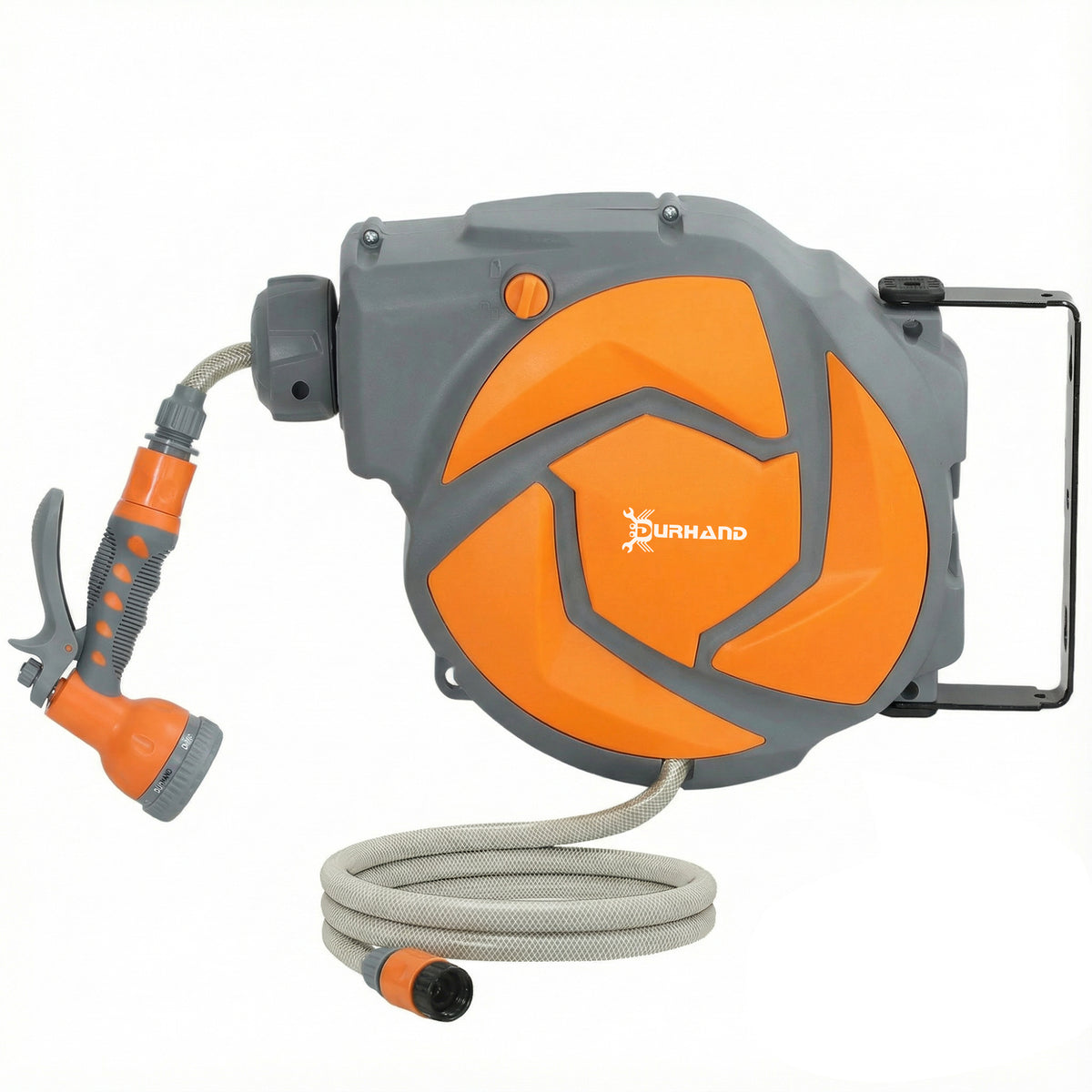 10m Wall Mounted Auto Rewind Garden Hose Reel | 7 Pattern Spray Nozzle | 180° Swivel Bracket | 10 Bar | Orange