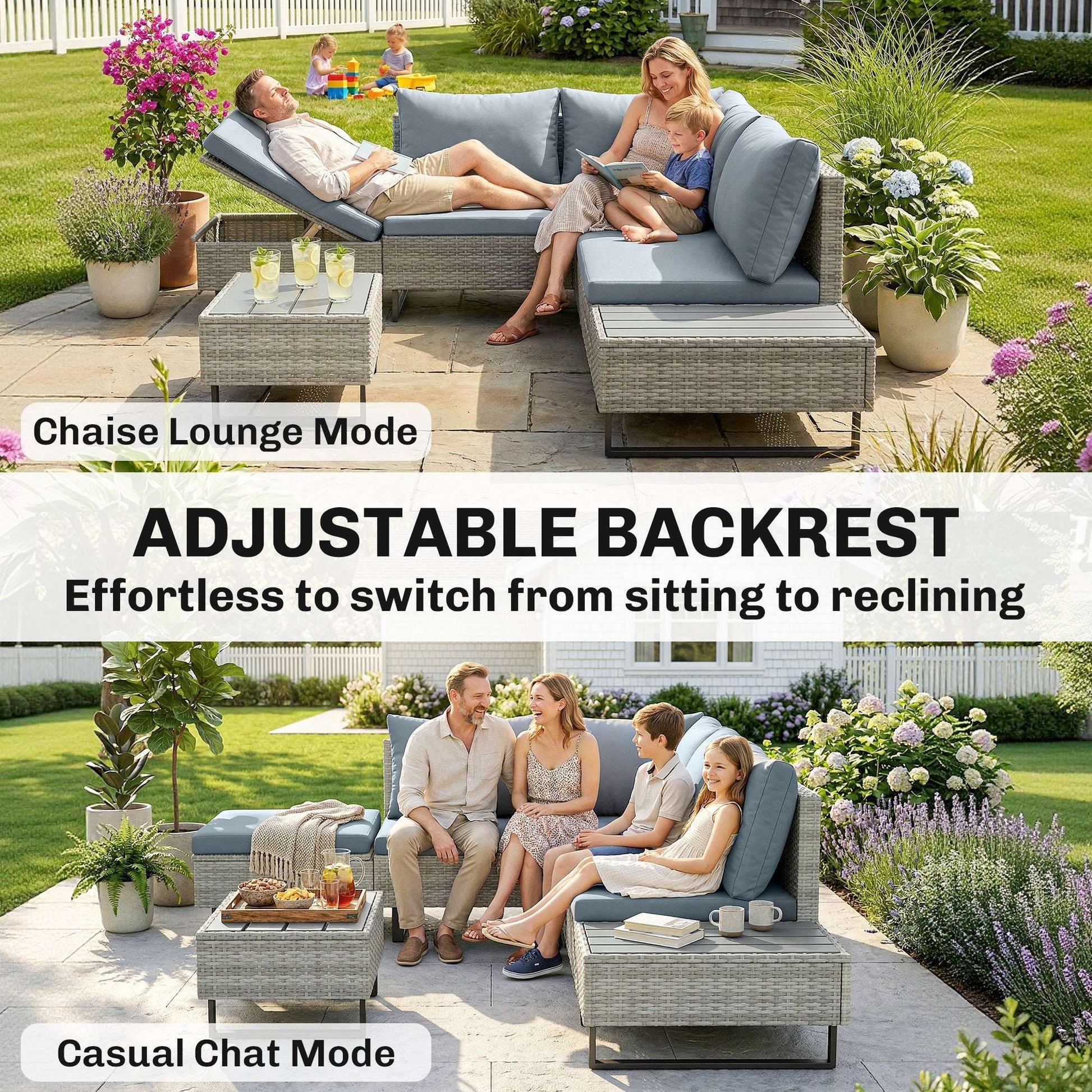 5 Seater L-Shaped Rattan Garden Corner Sofa Set | Adjustable Backrest & Chaise Lounge | Loveseat & Coffee Table | Zipped Cushion Covers | Powder-Coated Frame | 360kg Capacity | Grey