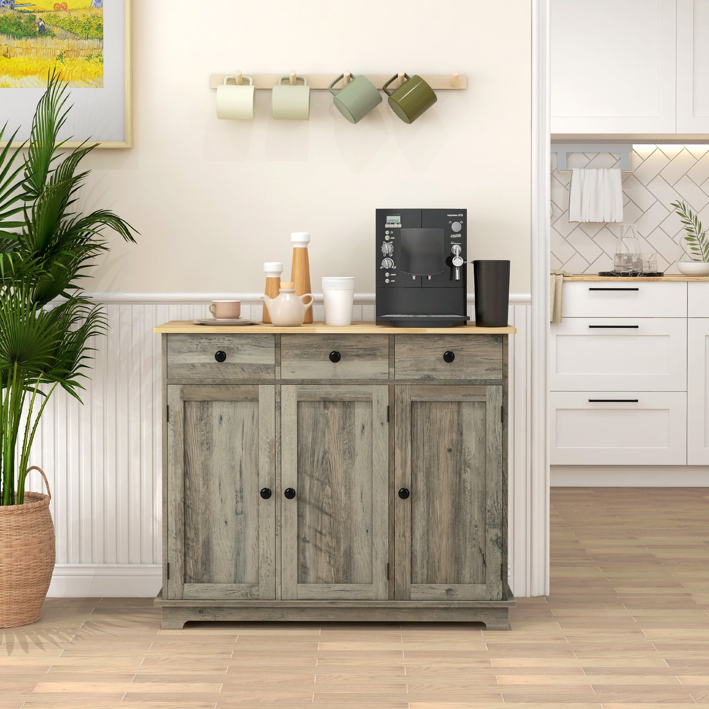 Modern Sideboard with Rubberwood Top, Buffet Cabinet with Storage Cabinets, Drawers and Adjustable Shelves for Dining Room, Kitchen