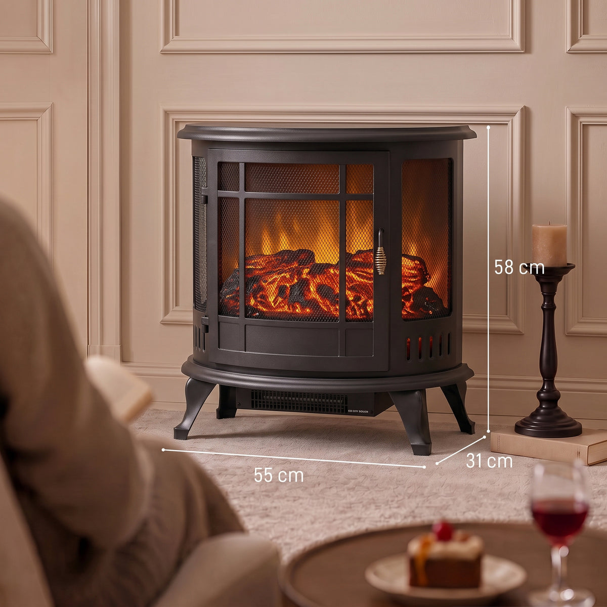 3-Sided Electric Fireplace Stove | Energy Efficiency Rating C | 2000W Freestanding Heater with Independent LED Flame, Adjustable Brightness & 15-30 m² Coverage | Black