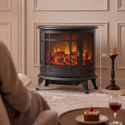 3-Sided Electric Fireplace Stove | Energy Efficiency Rating C | 2000W Freestanding Heater with Independent LED Flame, Adjustable Brightness & 15-30 m² Coverage | Black