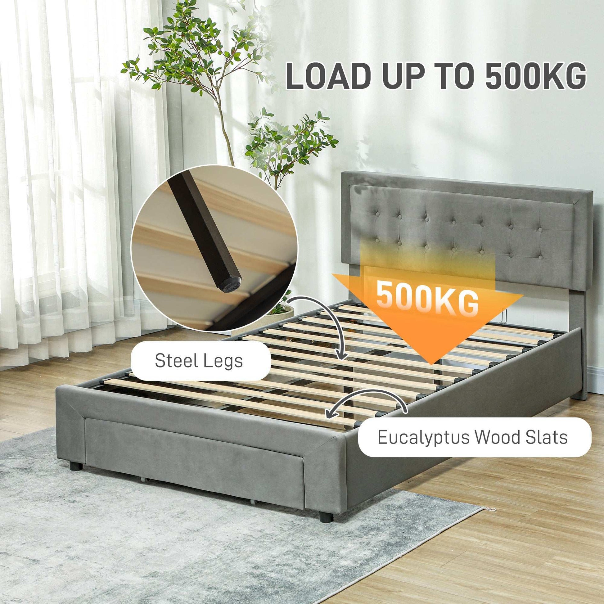 Double Size Ottoman Bed Frame, with Front Drawer - Grey