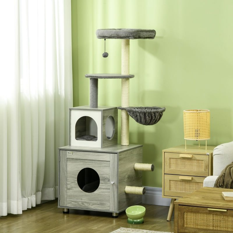 PawHut Enclosed Cat Litter Box with Cat House, Cat Bed, Scratching Posts, Platforms, for Indoor Cats - Grey