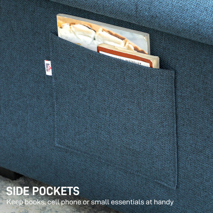 Pull Out Sofa Bed, Fabric 2 Seater Sofa Bed Settee, with 2 Pillows and Side Pockets for Living Room, Home Office, Blue