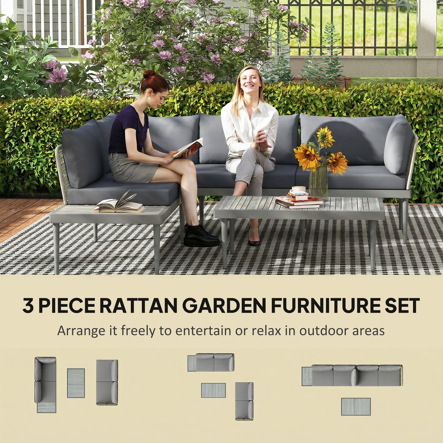 3-Piece Rattan Garden Sofa Set | 2 Loveseats | Acacia Wood End Table & Coffee Table | 10cm Seat & 20cm Back Cushions | Washable Covers | 320kg Capacity | PE Rattan & Steel | Grey
