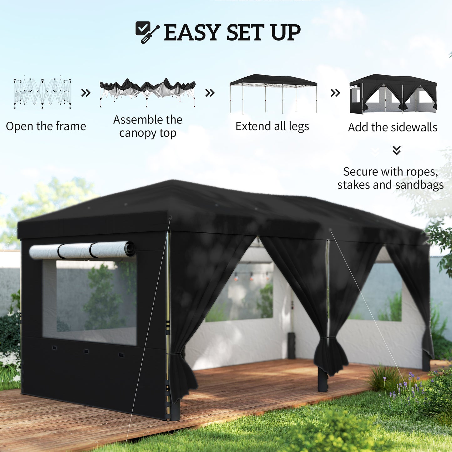 3x6m Pop-Up Canopy Gazebo | 17.5m² Coverage | 210D Silver-Coated UPF50+ Oxford Fabric | 6 Detachable Sidewalls | 3-Level Height Adjustment | 12 Drainage Holes | 18 Stakes & 6 Guy Ropes | Wheeled Carry Bag | Black