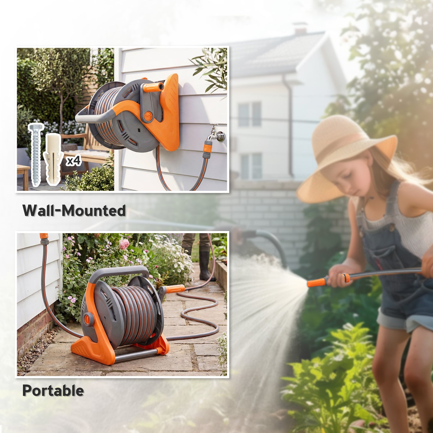 2-in-1 Portable & Wall Mounted Garden Hose Reel | 20+2m | Crank Handle | 2-Pattern Spray Nozzle | Rust-Proof PVC & PP | 8 Bar | 3/4" & 1/2" BSP Adaptor | 40x28x32cm | Orange