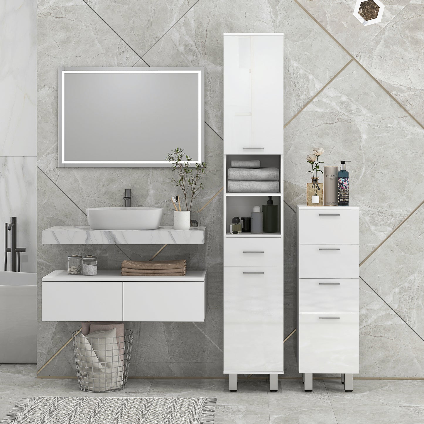 Kleankin 71" Tall Slim Bathroom Storage Cabinet, Tall Narrow Cupboard with Drawer, Open Shelves, 2 Doors Cabinets and Adjustable Shelves for Kitchen - White