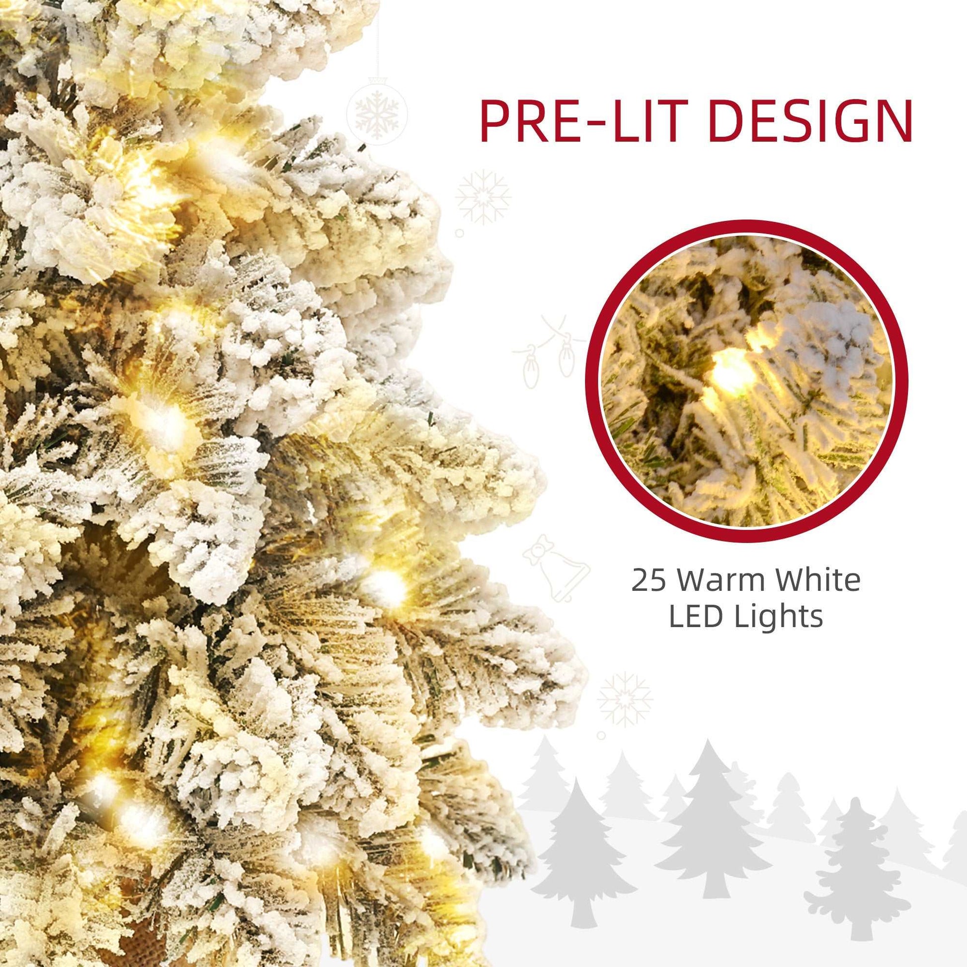 1.5ft Mini Artificial Christmas Trees with Lights Set of 2, Snow Flocked Tabletop with Base, Battery Operated, Desktop Party Decoration