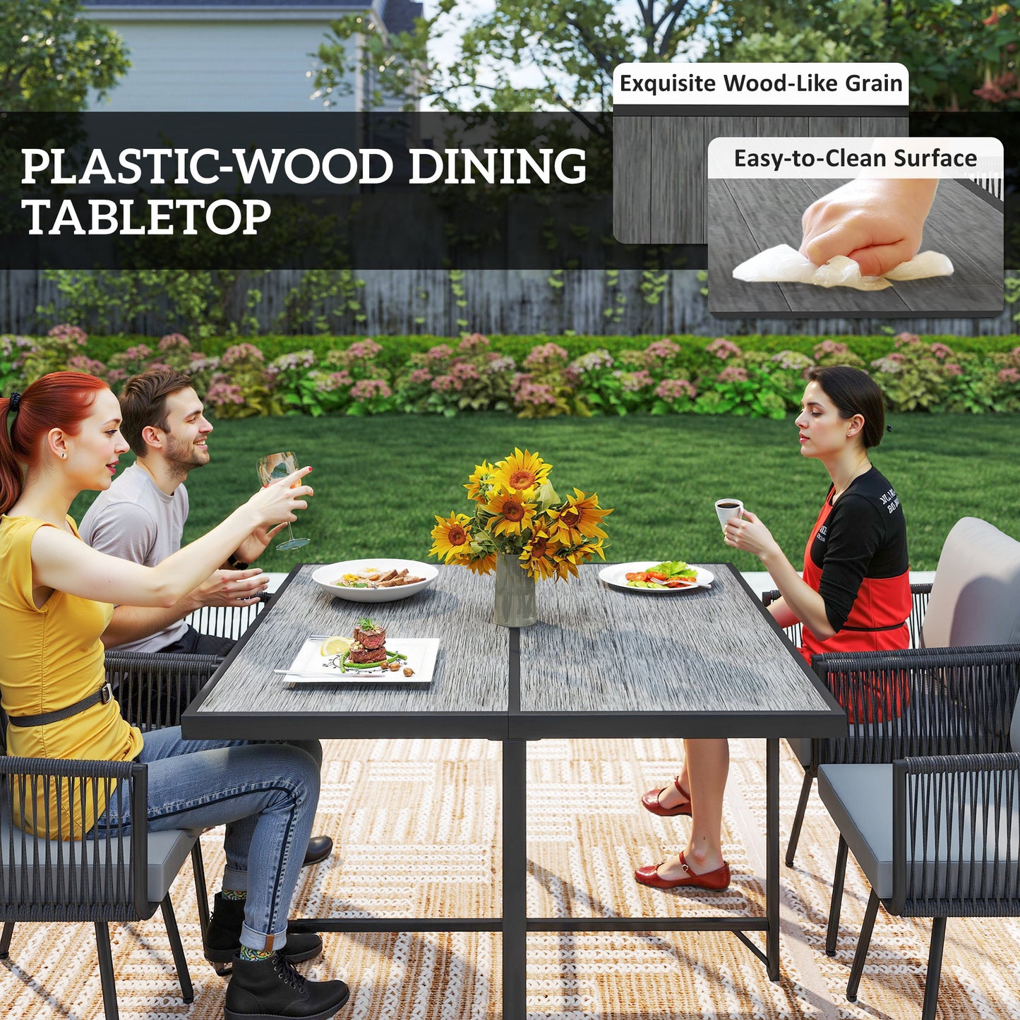 5-Piece Rattan Garden Dining Set | PS Wood-Plastic Table 110x110cm | 4 PE Rattan Armchairs | Thick Cushions | Zip Covers | Powder-Coated Metal Frame | Adjustable Feet | 120kg Chair Capacity | Light Grey