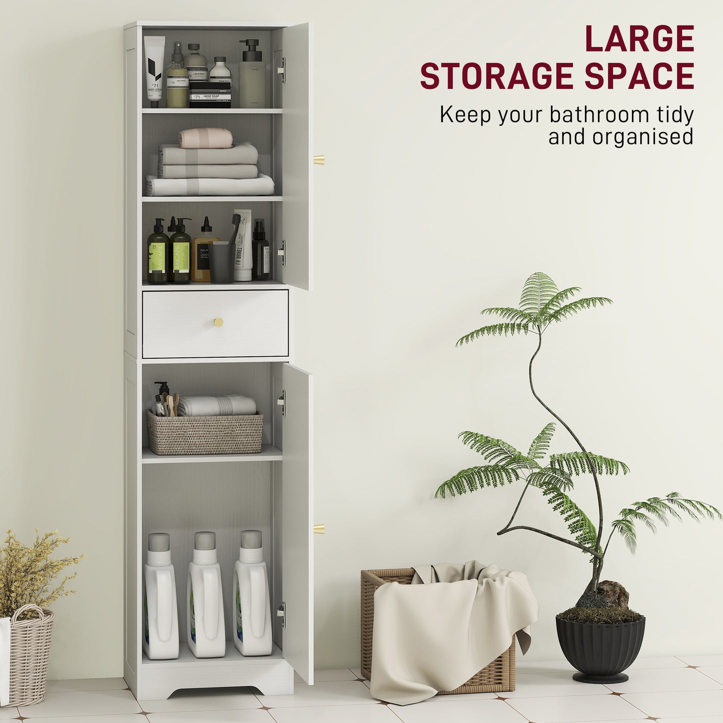 Tall Bathroom Cabinet with Arched Doors - White
