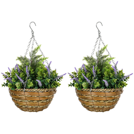 Outsunny 2 Piece Artificial Lisianthus Flower Hanging Planter with Basket for Indoor Outdoor Decoration, Purple