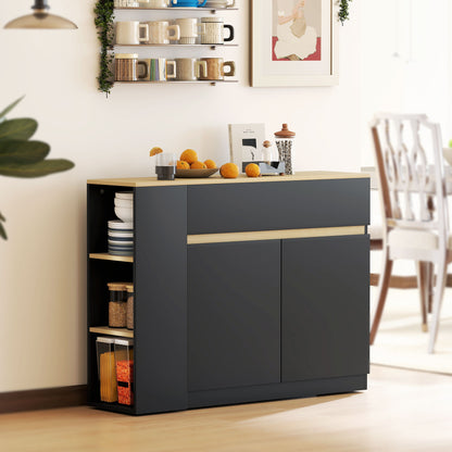 Sideboard & Storage Cabinet | Divided Drawer | 3 Open Shelves | Adjustable Cabinet Shelf | Anti-Tip | 60kg | Black