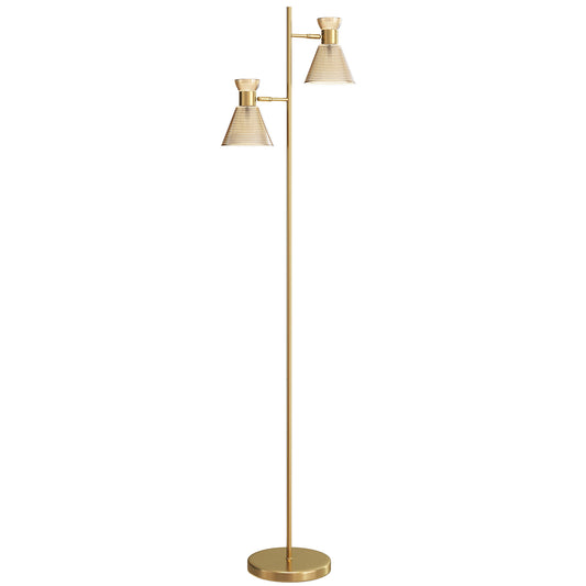 Floor Lamp with Adjustable Dual Head, Modern Standing Lamp with Floral Glass Shades and Foot Switch for Living Room Bedroom, E27 Socket, Bulb Not Included, Gold Tone