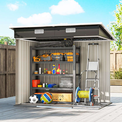 7x4ft Lean-To Metal Garden Shed | Corrugated Galvanised Steel | Sloped Roof | Sliding Door | 2 Front Vents | Foundation Kit Included | 203x130x182cm | Black