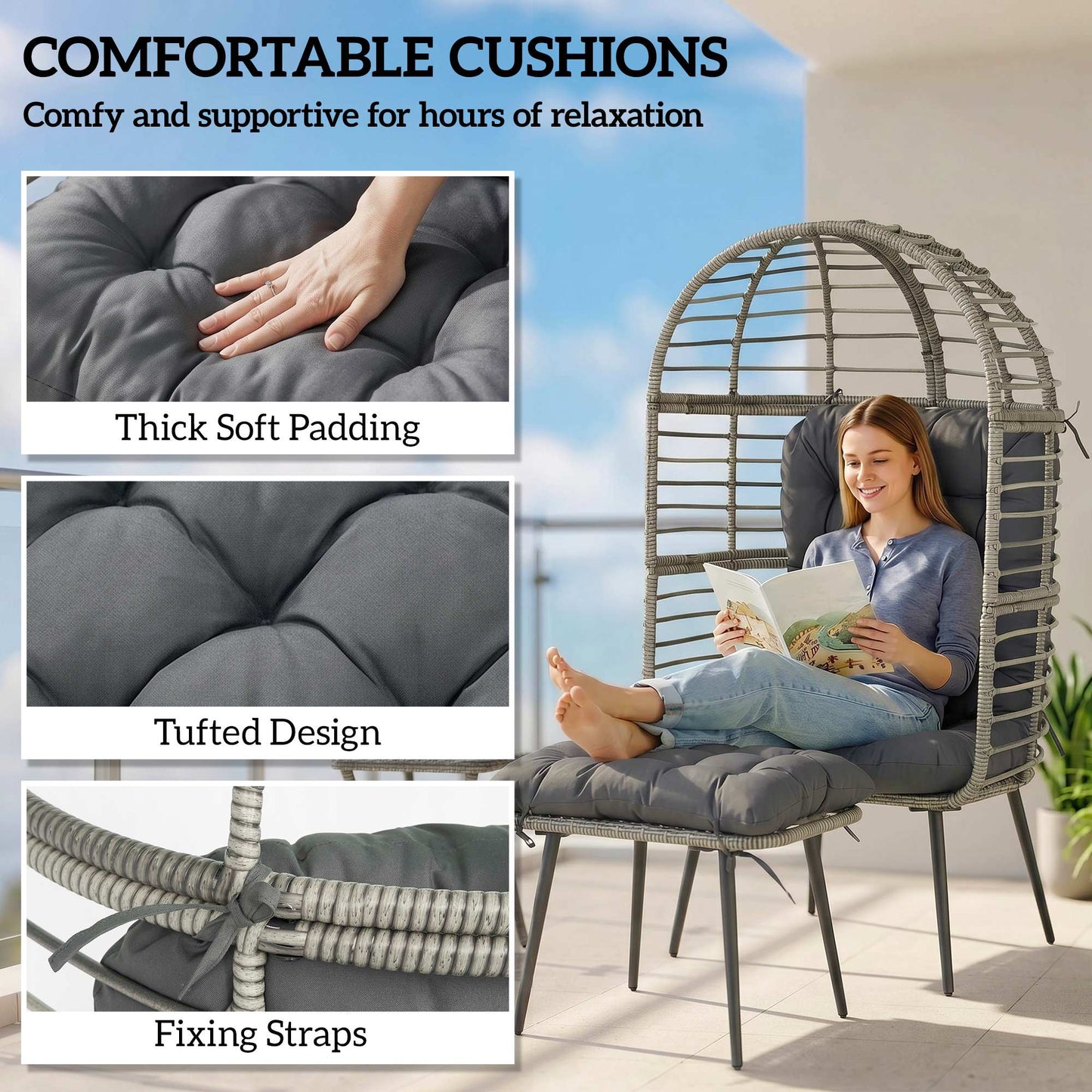 Rattan Egg Chair & Footstool Set | 11cm Tufted Cushions | UV & Weather Resistant PE Rattan | Powder-Coated Steel Frame | 120kg Capacity | Adjustable Feet | Indoor & Outdoor | Light Grey