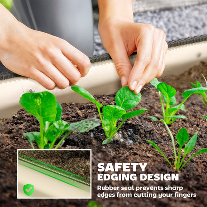 Flexible Galvanised Steel Raised Garden Bed | Safety Rubber Edging | Open Bottom | Configurable Round Oval or Oblong | 150x62x30cm | For Flowers Herbs & Succulents | Cream White