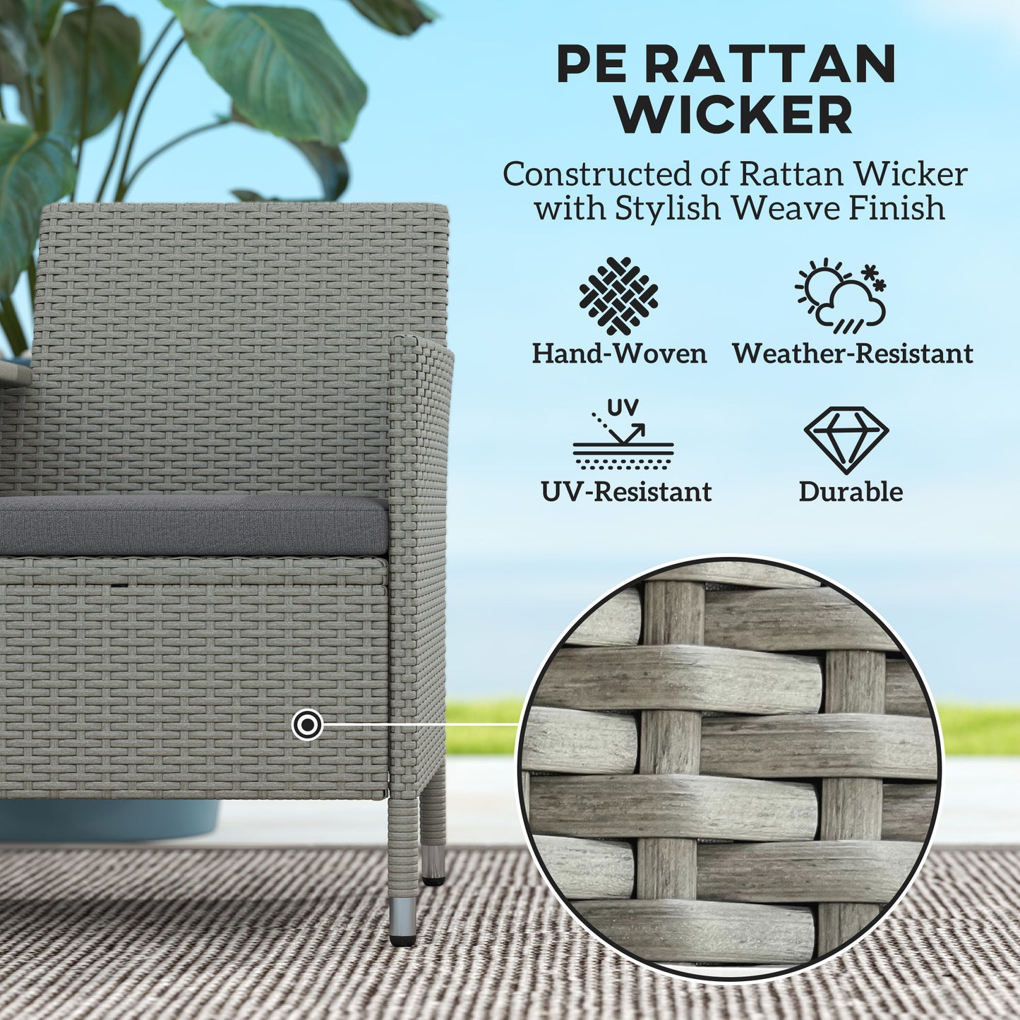 Outsunny 2-Seater PE Rattan Outdoor Garden Bench w/ Centre Table Grey