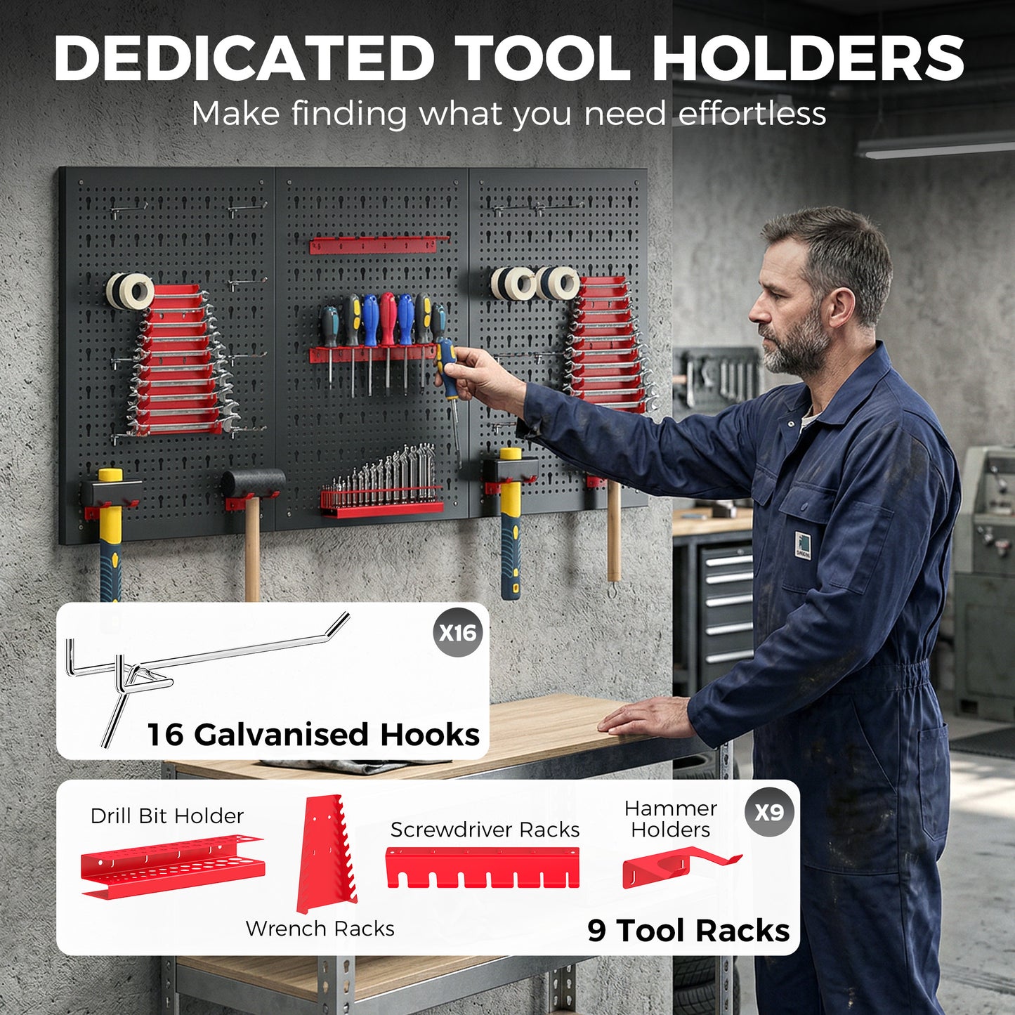 Wall-Mounted Steel Pegboard Tool Storage Set | 28pc | 3 Boards | 50kg | Black & Red | Garage & Workshop