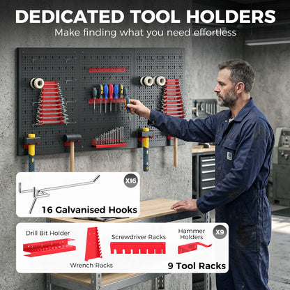 Wall-Mounted Steel Pegboard Tool Storage Set | 28pc | 3 Boards | 50kg | Black & Red | Garage & Workshop