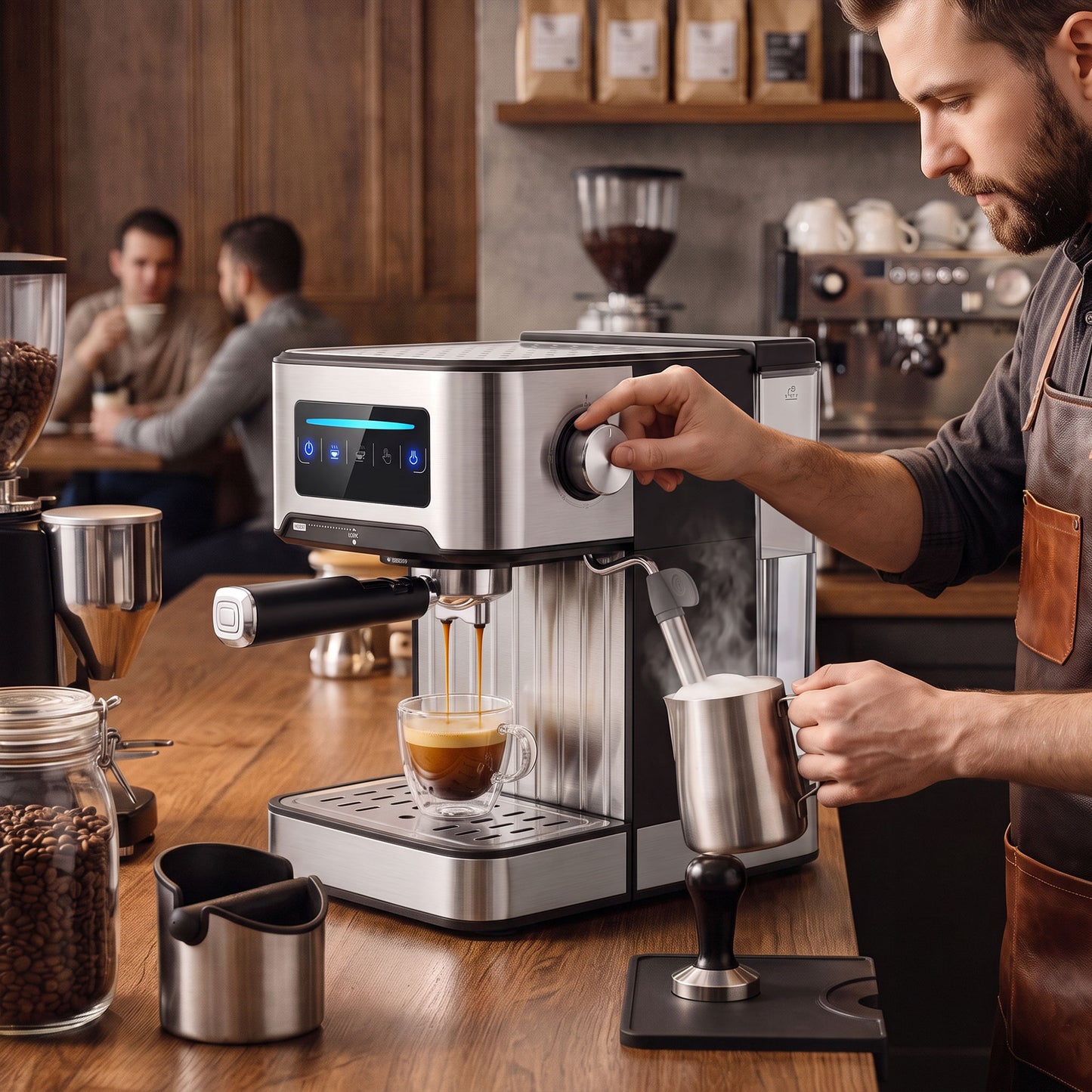 20-Bar Espresso Machine | Cappuccino Coffee Maker | Milk Frother | 1.6L Tank | LED Touch | Single & Double Shot | Black