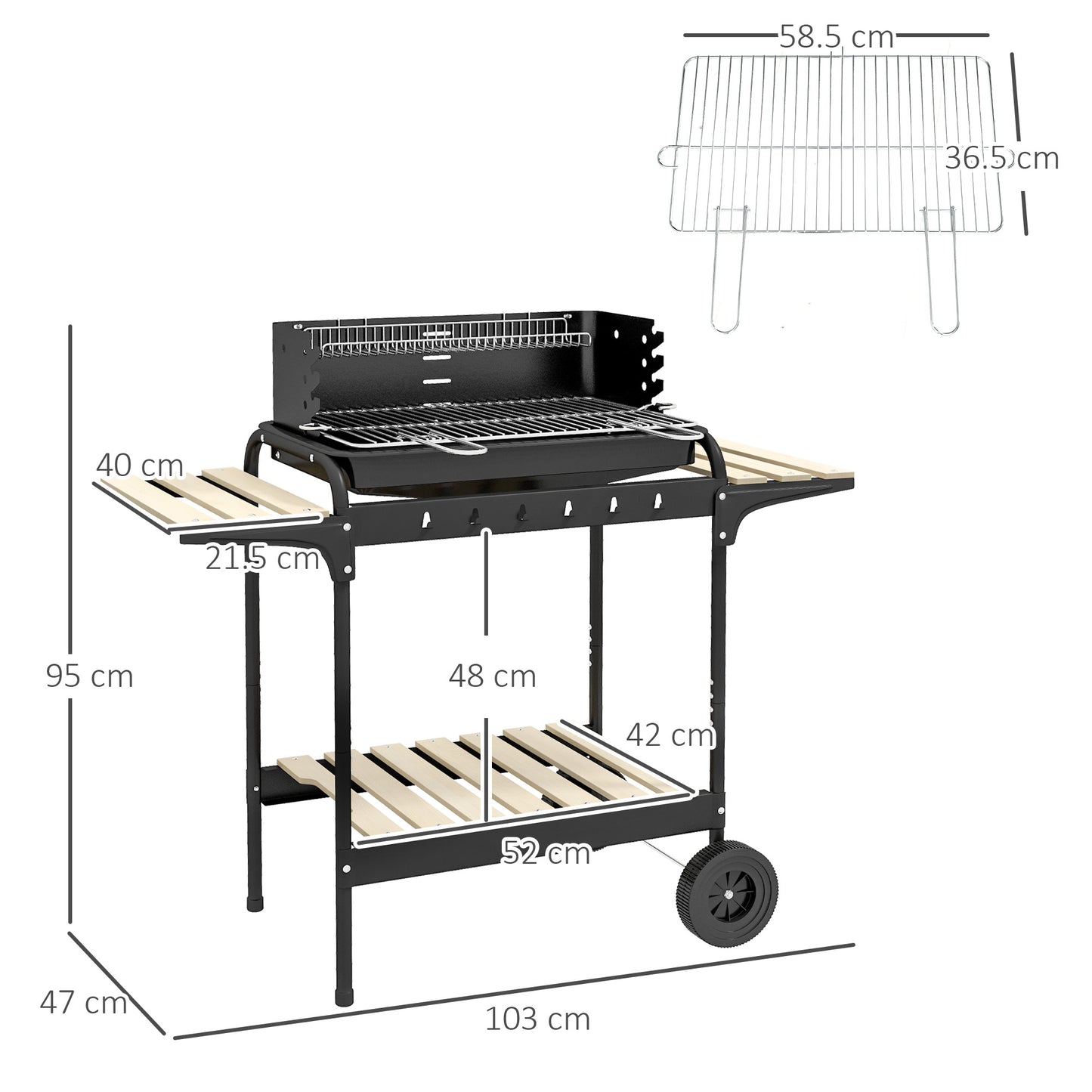 Charcoal Barbecue Grill with Adjustable Grill Height, Portable BBQ Trolley with Ash Catcher and Wheels for Outdoor Garden Party Cooking, Black