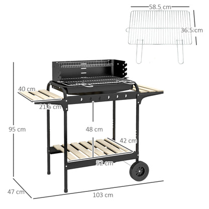 Charcoal Barbecue Grill with Adjustable Grill Height, Portable BBQ Trolley with Ash Catcher and Wheels for Outdoor Garden Party Cooking, Black