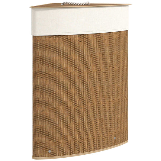 Bamboo Bathroom Triangle Laundry Basket with Lid, 55L Corner Hamper with Removable Washable Liner Bag, 35 x 35 x 60 cm, Brown