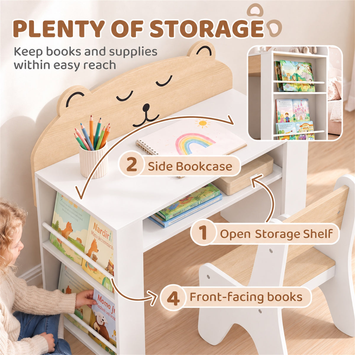 AIYAPLAY Kids Desk & Chair Set | White & Wood-Grain Bear Design | 80cm Tabletop, Side Bookshelves & Open Storage | Ages 3–8