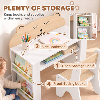 AIYAPLAY Kids Desk & Chair Set | White & Wood-Grain Bear Design | 80cm Tabletop, Side Bookshelves & Open Storage | Ages 3–8