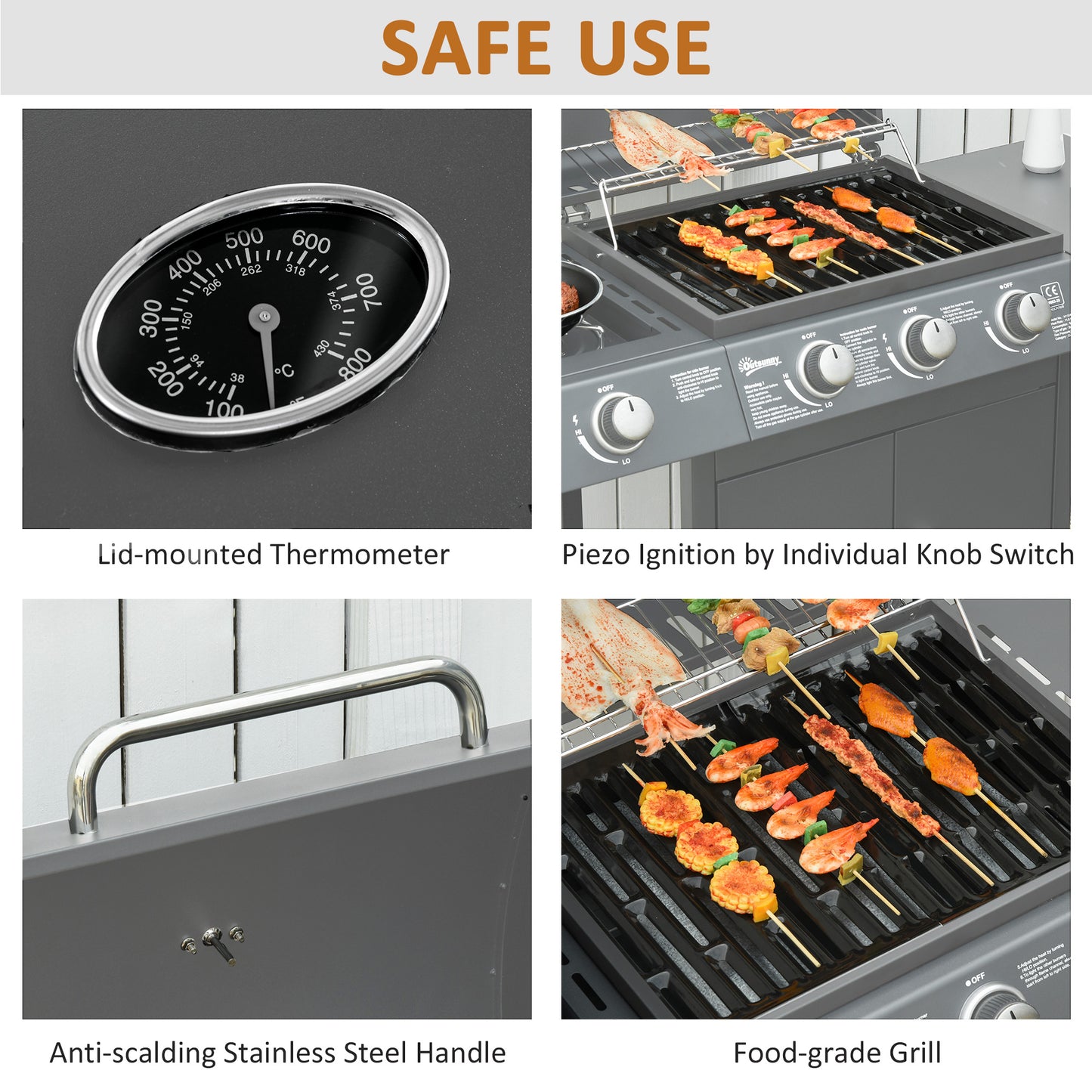 3+1 Burner Gas BBQ Grill, Outdoor Barbecue Trolley with Wheels, Warming Rack, Side Shelves, Cabinet, Thermometer for Garden, Party, Camping,