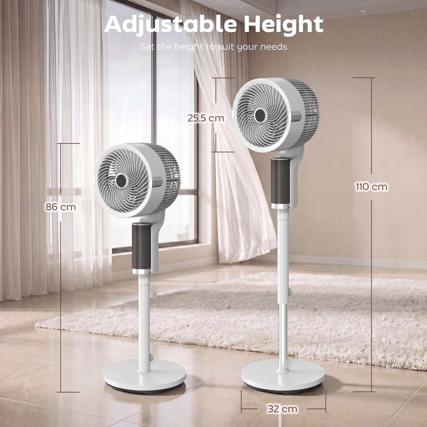 Pedestal Standing Fan | 20dB Sleep Mode | 8 Speeds | 9.5m³/min Airflow | 3D Oscillation | Aromatherapy Pad | Blue Mood Light | Detachable Grill | 5m Remote | 12H Timer | 50W | 110cm | White