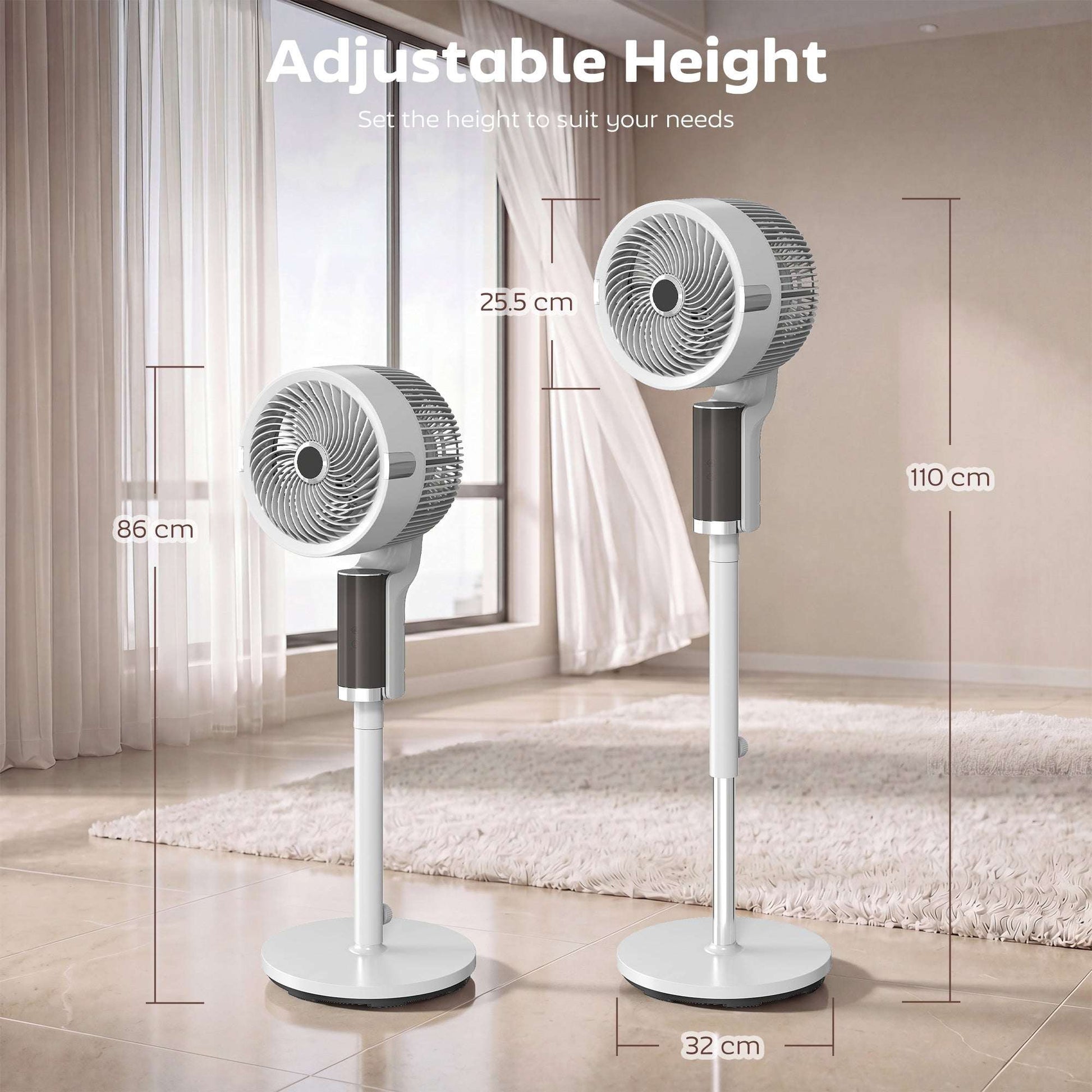 Pedestal Standing Fan | 20dB Sleep Mode | 8 Speeds | 9.5m³/min Airflow | 3D Oscillation | Aromatherapy Pad | Blue Mood Light | Detachable Grill | 5m Remote | 12H Timer | 50W | 110cm | White