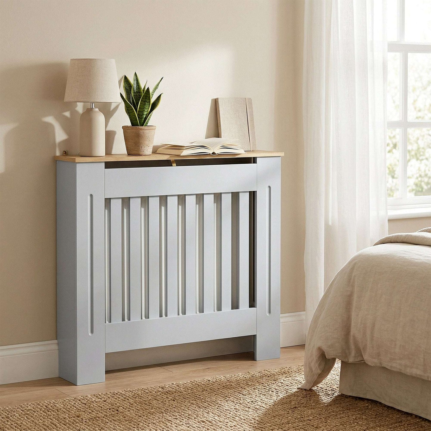 MDF Radiator Cover | Slatted Line Grill Design | Display Top | Wall Mountable | Fittings Included | Lightweight 7kg | 78x19x81cm | Grey