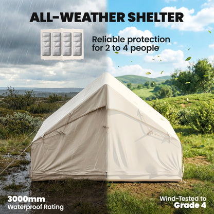 Inflatable Camping Tent | 2-4 Person | 5-Min Setup | Waterproof Oxford | Level 4 Wind | 300x210x190cm | Beige