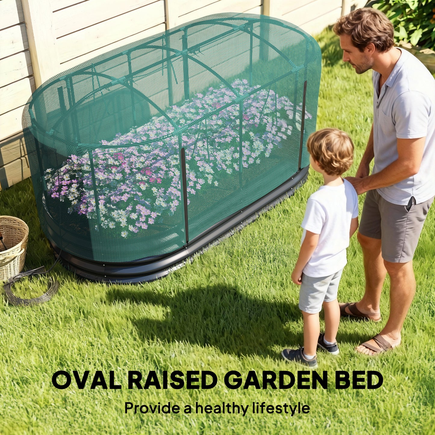 Galvanised Raised Garden Bed Kit with Self Watering System and Mesh Cover, Garden Boxes, 6x3Ft, Dark Grey and Green