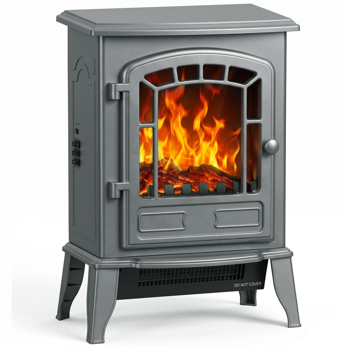 Freestanding Electric Fireplace Stove | 1000W/2000W | LED Flame Effect | Adjustable Thermostat | Grey