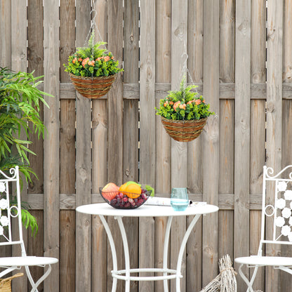 Pack of 2 Faux Plant Artificial Lisianthus Flowers Hanging Planter with Basket for Indoor Outdoor Decoration, Orange / Yellow