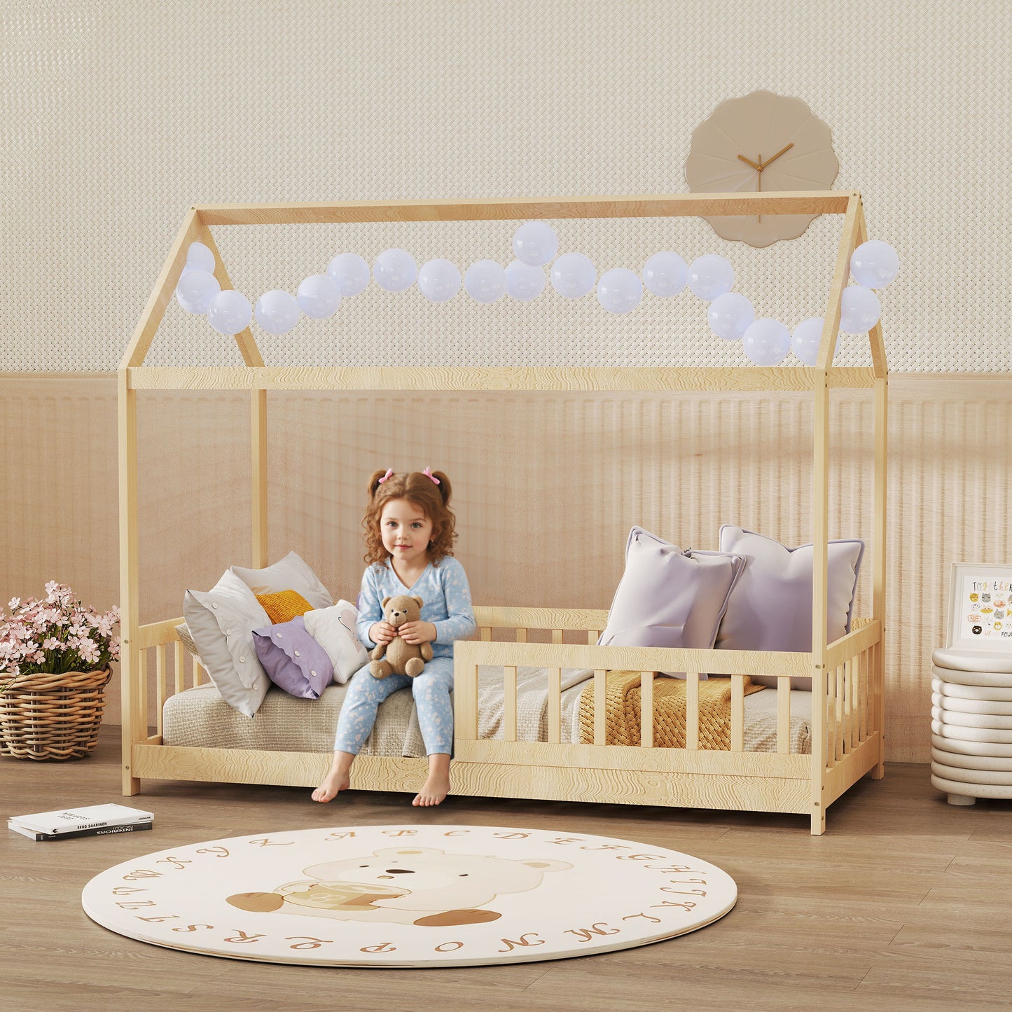House-Shaped Kids Bed Frame with Guard Rails, Solid Pine Wood Single Bed Frame for Kids Boys and Girls, Natural
