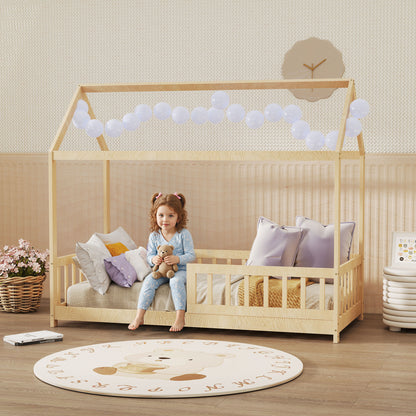 House-Shaped Kids Bed Frame with Guard Rails, Solid Pine Wood Single Bed Frame for Kids Boys and Girls, Natural