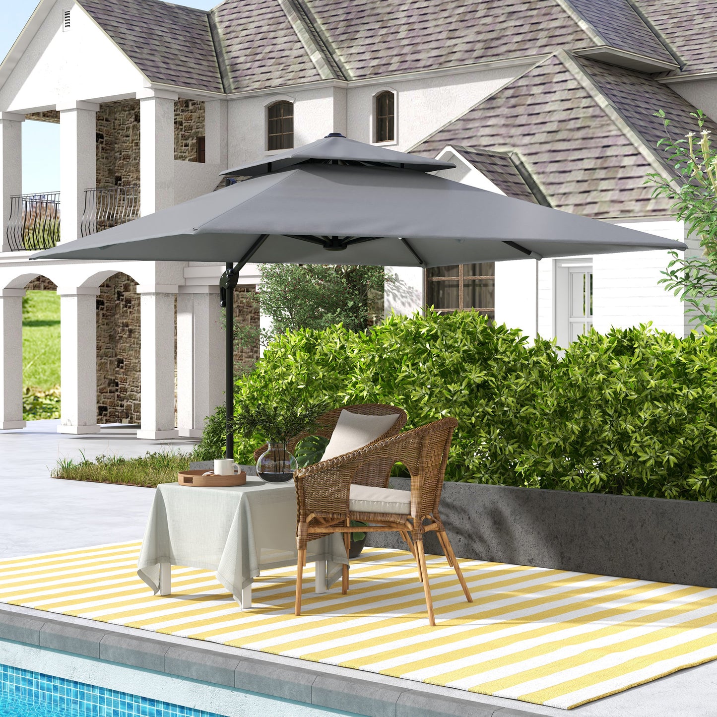 Outsunny 3 x 3(m) Cantilever Parasol with Aluminium Frame, Crank and Tilt, 360° Rotation, Double Top Garden Umbrella with Base and Cover, Light Grey