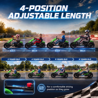 12V Electric Go Kart for Kids | Dual 35W Motors | Soft-Start | 4-Position Adjustable Length 83–98cm | Sliding Seat | LED Lights | EVA Wheels | 50 Min | 1.5–4km/h | 25kg | Age 3–6 | Green