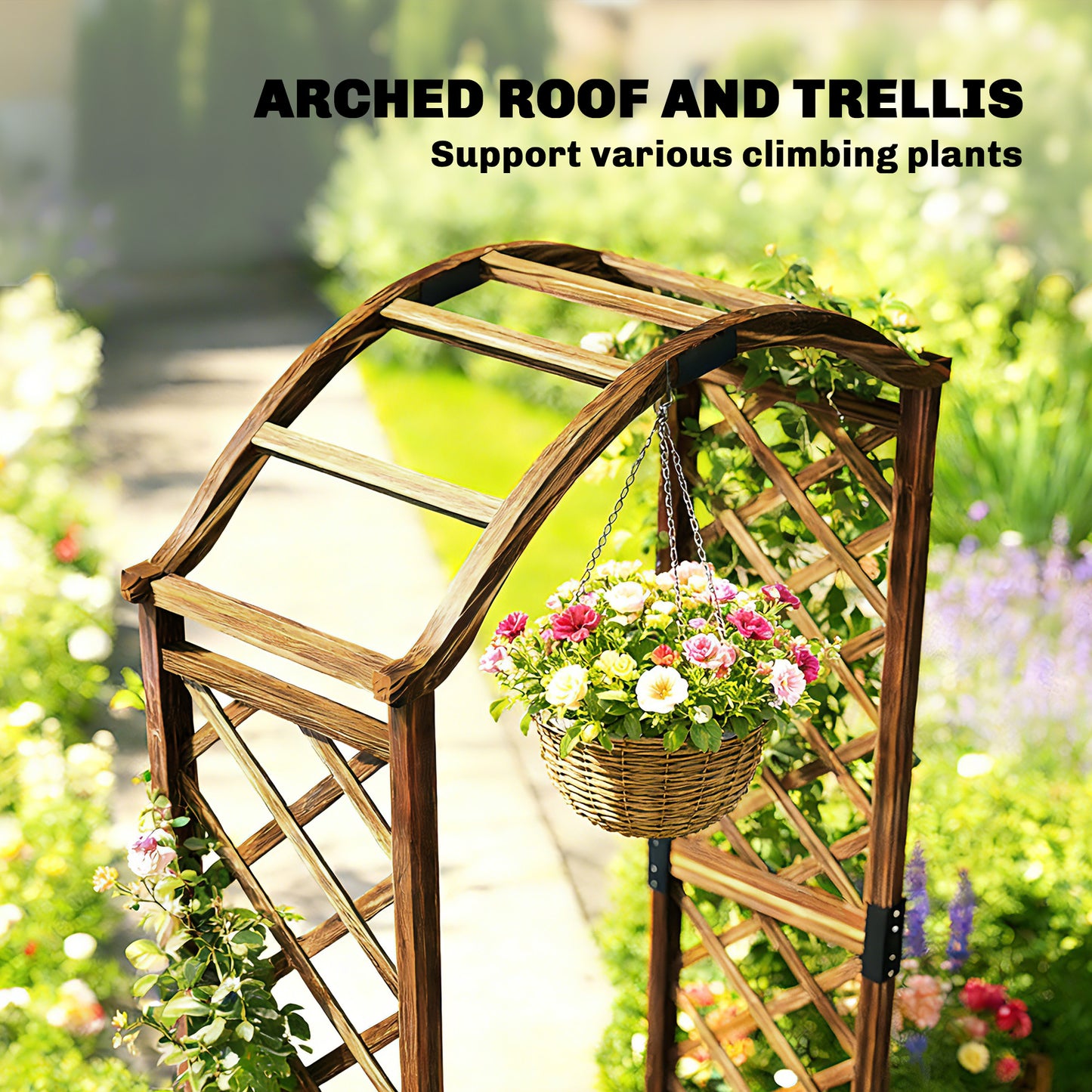 Wooden Garden Arch with 2 Planter Boxes | Trellis for Climbing Vines & Roses | Carbonised Fir Wood | Water Lacquer Finish | 25kg Capacity | 170.5x42x200cm | Carbonised